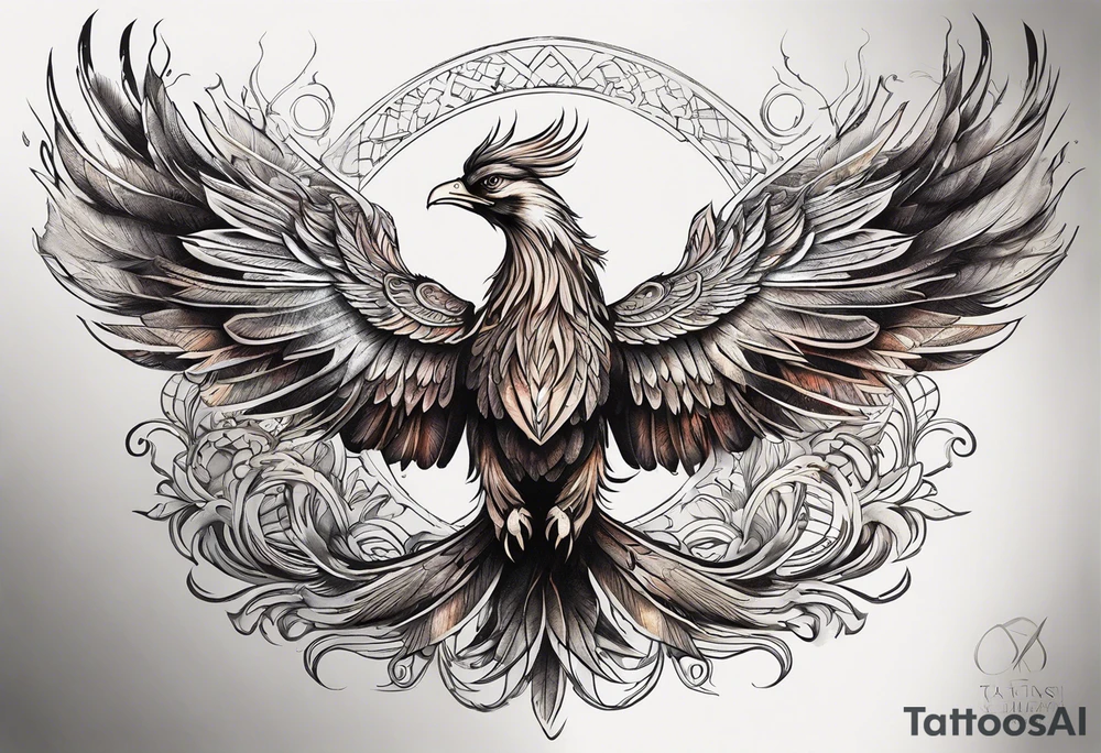 Tattoo: A powerful, majestic phoenix, depicted mid-flight or rising, with wings extended and feathers flowing. Deep shading and intricate details to bring out the texture and motion of the feathers. Style: Semi realism. tattoo idea