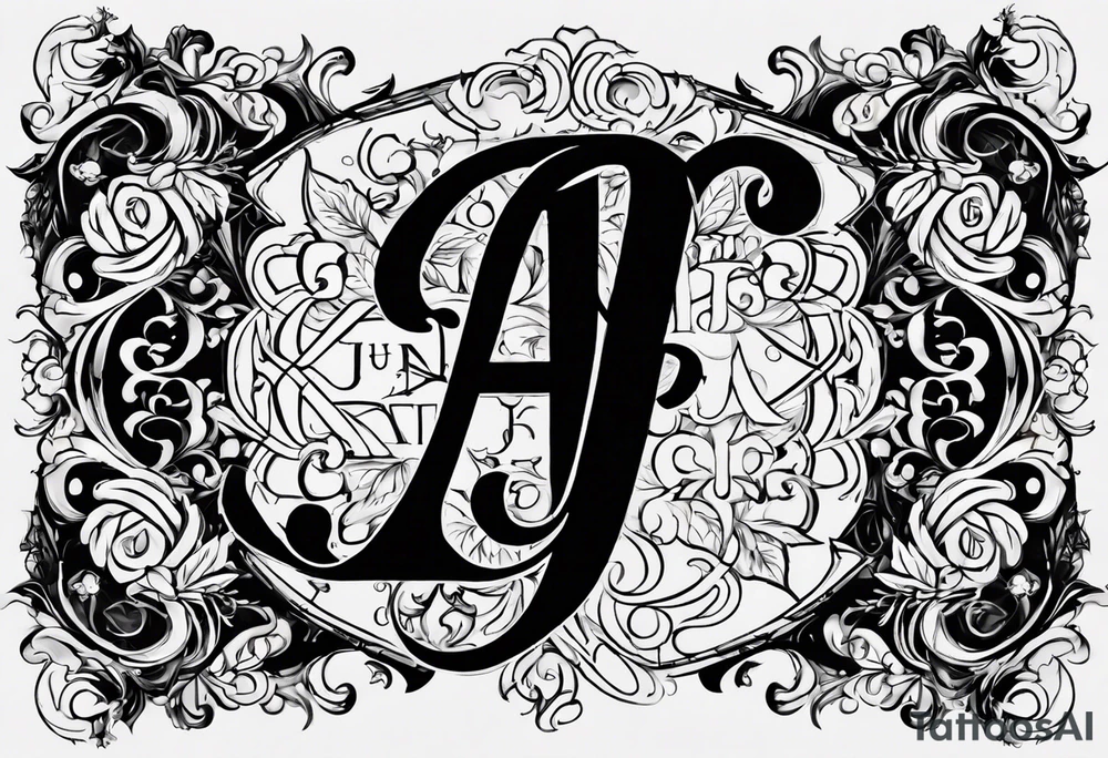 I want to design a tattoo that has the letters A, J, D, E mixed together like a design in harmony with old chaligraphy. I don't want additional images but just the letters tattoo idea