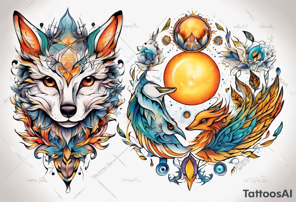 fisch, fuchs und eule , symetrie  sonne, universum, bunt, " sapere aude" tattoo idea