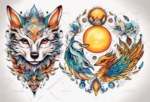 fisch, fuchs und eule , symetrie  sonne, universum, bunt, " sapere aude" tattoo idea