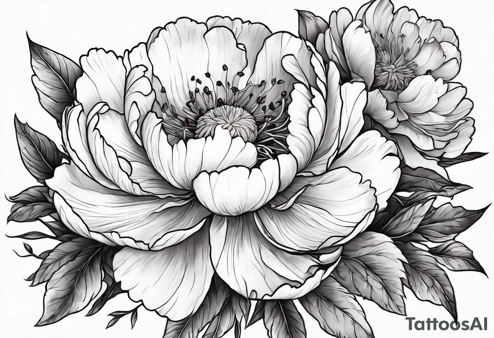 Red peony with a tiny rabbit on a petal tattoo idea