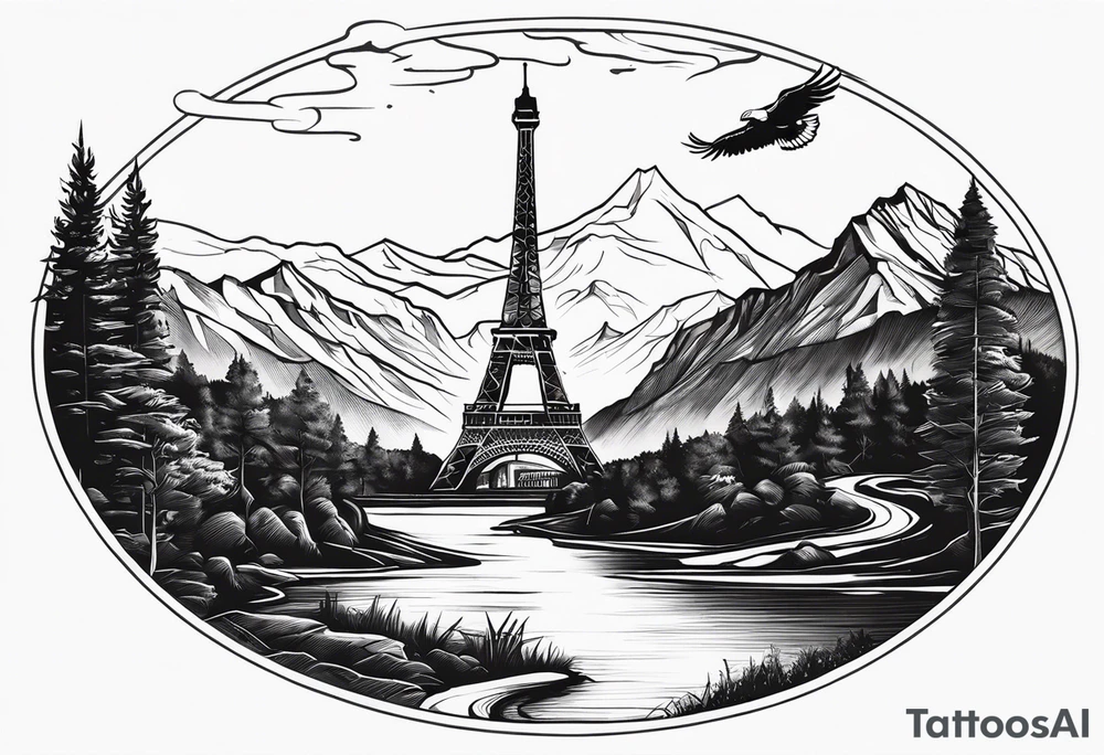 a river flowing beneath eagle's nest next to the eiffel tower next to a mountain chain tattoo idea