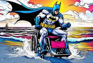 realistic batman fighting Joker from a wheelchair on the beach tattoo idea