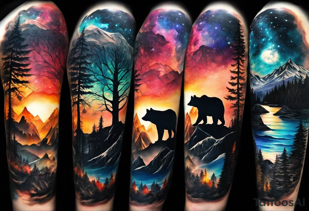 Full sleeve tattoo. The design should include space, stars, forest, sunset, mountains, cliffs, waterfall, water, ocean, wild animals (bear, wolves, elephant), and inserts of triangles and geometric figures. I have two children – a son, Sergei (the eldest), and a daughter, Anna, who live with me and my wife. But I also have another daughter, Marianna, whom I haven't seen for a long time and eagerly await to meet. The tattoo should symbolize love and protection for my children and family, the desire to secure their future, and confidence in tomorrow. It should reflect the notion of not looking back, but always moving forward and achieving goals! tattoo idea
