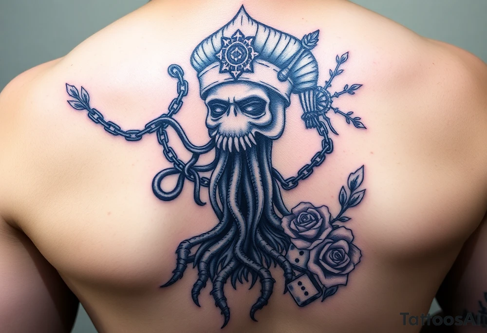 Squid and spartan and sailor hat combined with chains, tree roots, cherry blossoms and roses rolling dice tattoo idea