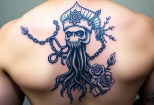 Squid and spartan and sailor hat combined with chains, tree roots, cherry blossoms and roses rolling dice tattoo idea