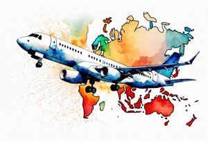 Map us to europe with tiny jet plane showing intercontinental flight path. Watercolor with spilled watercolor look abstract tattoo idea