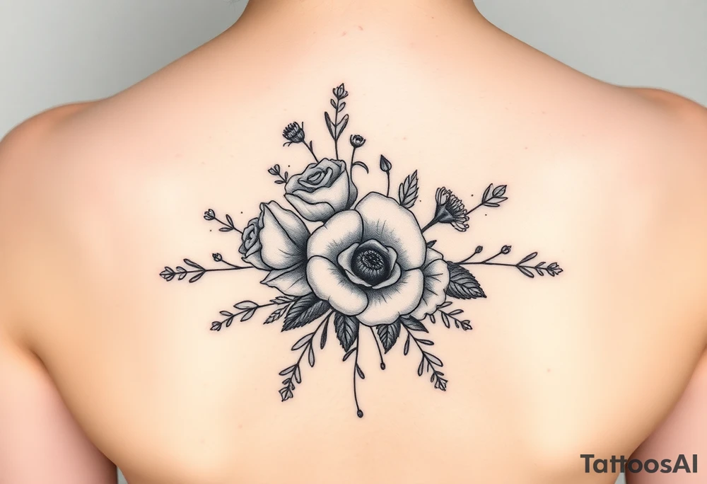 vintage bouquet of wild roses and meadow flowers with morning dew tattoo idea