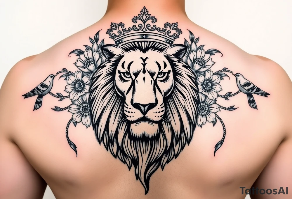 powerful majestic lion with a crown, surrounded by floral ornaments and birds tattoo idea