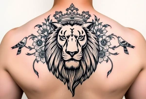powerful majestic lion with a crown, surrounded by floral ornaments and birds tattoo idea