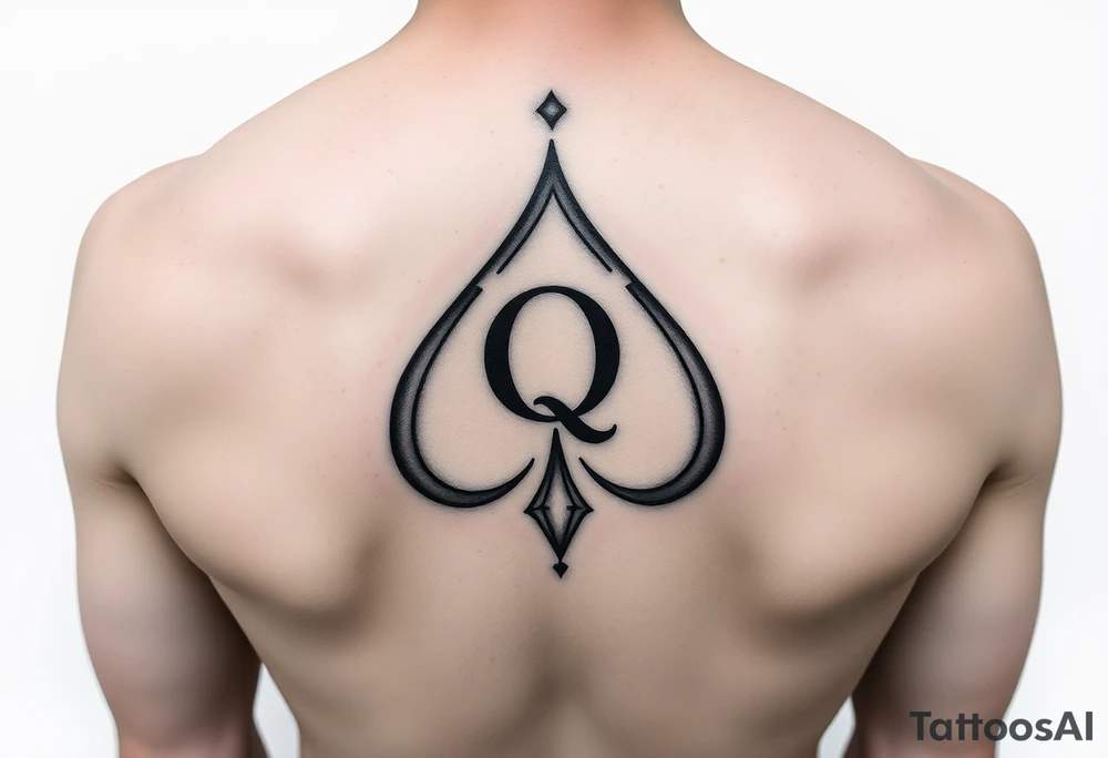 A spade womb tattoo with a Q in the center, with three points around the outside. The first reading, "BLACK". The second reading, "SEED". The third reading, "ONLY". tattoo idea