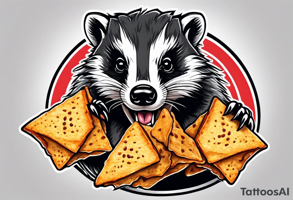 Angry badger with mouth open holding Doritos tattoo idea