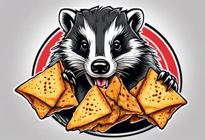 Angry badger with mouth open holding Doritos tattoo idea
