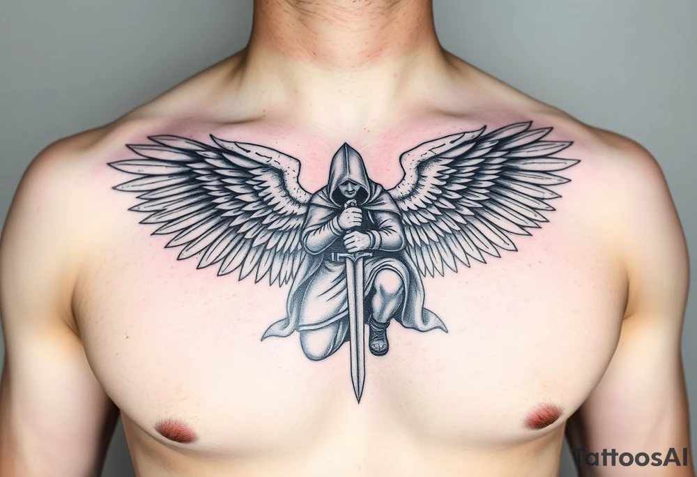 Soldier Angel with long sword kneeling looking down cloak over head wings spread tattoo idea, upper chest tattoo idea