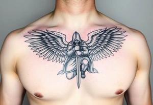 Soldier Angel with long sword kneeling looking down cloak over head wings spread tattoo idea, upper chest tattoo idea