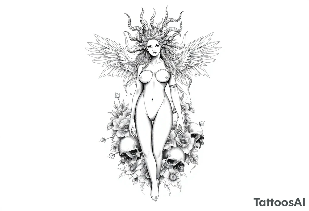 Ethereal Medusa standing. She is beautiful and feminine. She is a phoenix rising from fire and ash. Surrounded by flowers and standing around skulls. Incorporate the phoenix and fire into the Medusa tattoo idea