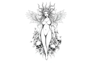 Ethereal Medusa standing. She is beautiful and feminine. She is a phoenix rising from fire and ash. Surrounded by flowers and standing around skulls. Incorporate the phoenix and fire into the Medusa tattoo idea