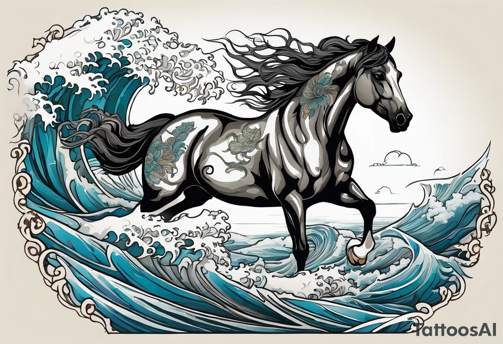 A horse rising from the waves of the sea. Framed in a driftwood and seaweed border. tattoo idea