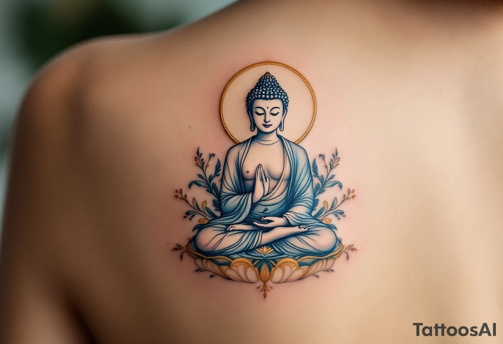 Sitting Buddha with halo in pastel blues and gold, embodying calmness and spiritual awakening. tattoo idea
