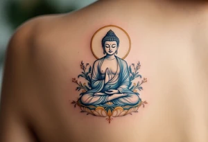 Sitting Buddha with halo in pastel blues and gold, embodying calmness and spiritual awakening. tattoo idea