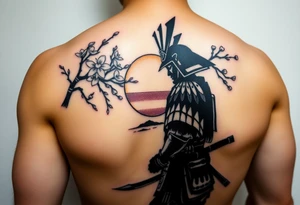 noble samurai warrior silhouette at sunset with cherry blossoms tattoo idea