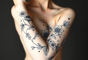 floral composition with japanese vibe, mutiple ornemental patern and leaf tattoo idea