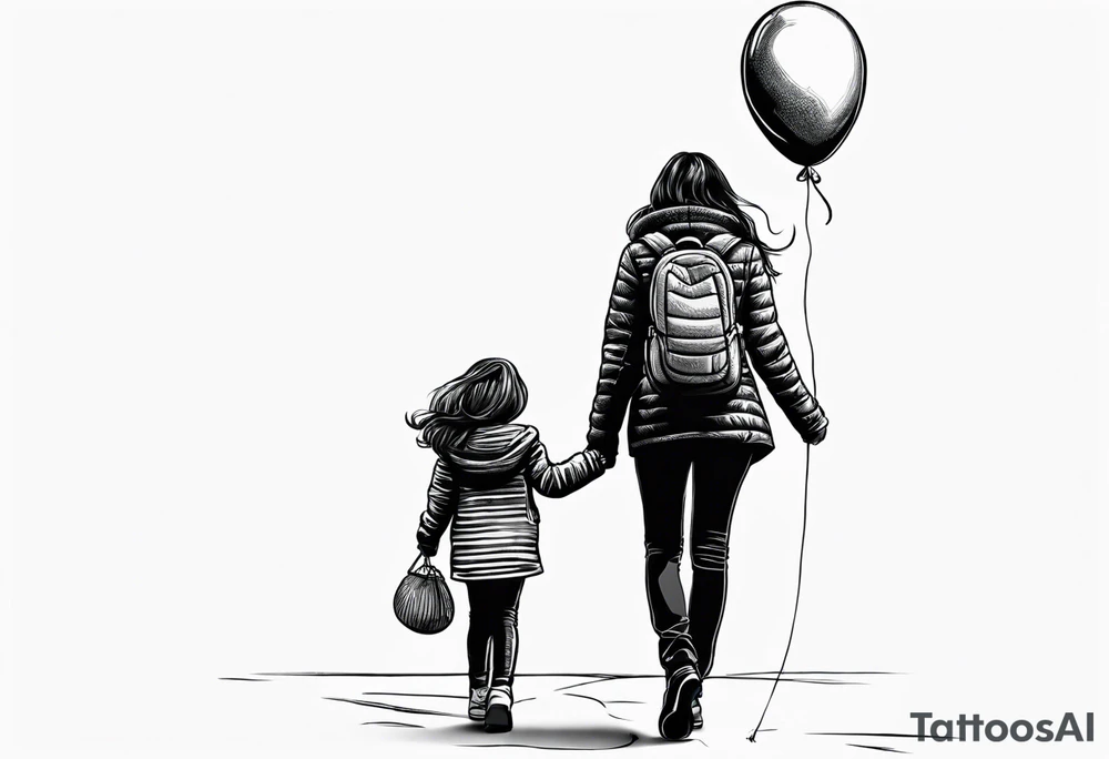 My daughter and I are walking with our backs turned, hopping. My daughter is holding a balloon, and she is 6 years old. I would also like her birthdate, January 12, 2019, to be written tattoo idea