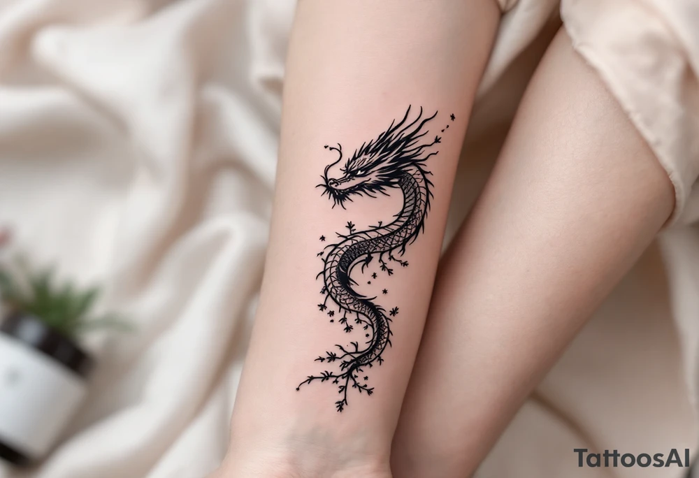 dragon japanese style sakura trees fog tattoo idea