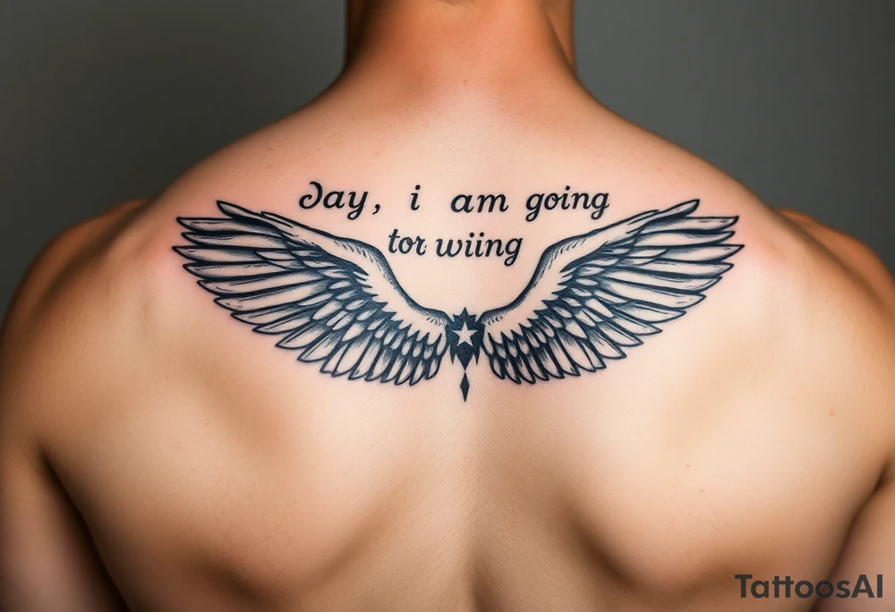 big back tattoo with words saying “one day i am going to grow wings” with wings spreading tattoo idea