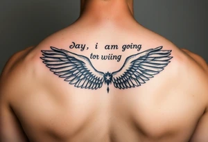 big back tattoo with words saying “one day i am going to grow wings” with wings spreading tattoo idea