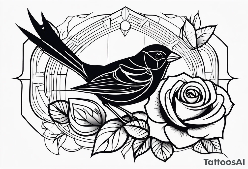 A dark sparrow tattoo with geometric shapes to cover a rose tattoo idea