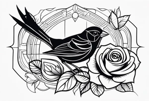 A dark sparrow tattoo with geometric shapes to cover a rose tattoo idea