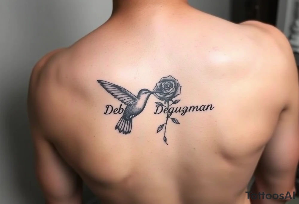 A tattoo on the forearm with the name Debby Deguzman with a humming bird and a rose tattoo idea