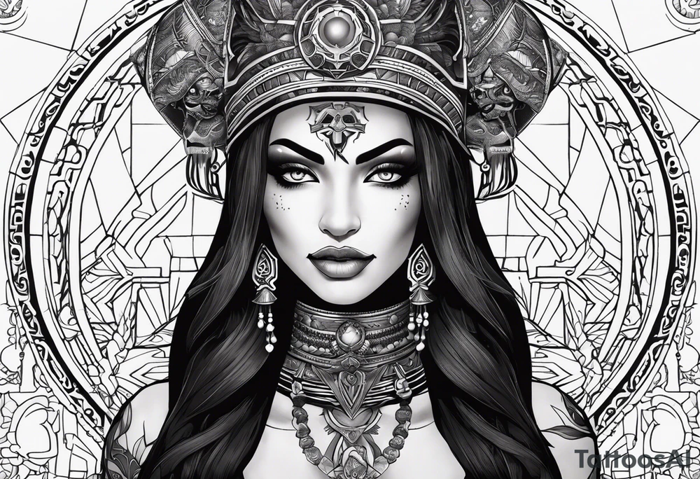 kali ma, alien goddess, valkrye, aries, pirate, divine feminine, zenza resonance, pachamama, lotus azul, blank panther, eagle, skull, 5D, nueva gaya, dna 12, left side chest tatoo tattoo idea