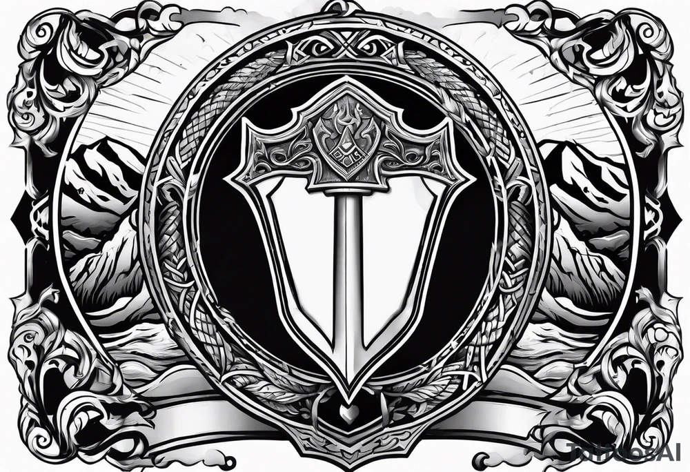 A flaming shield adorned with a mountain and a war hammer tattoo idea