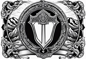 A flaming shield adorned with a mountain and a war hammer tattoo idea