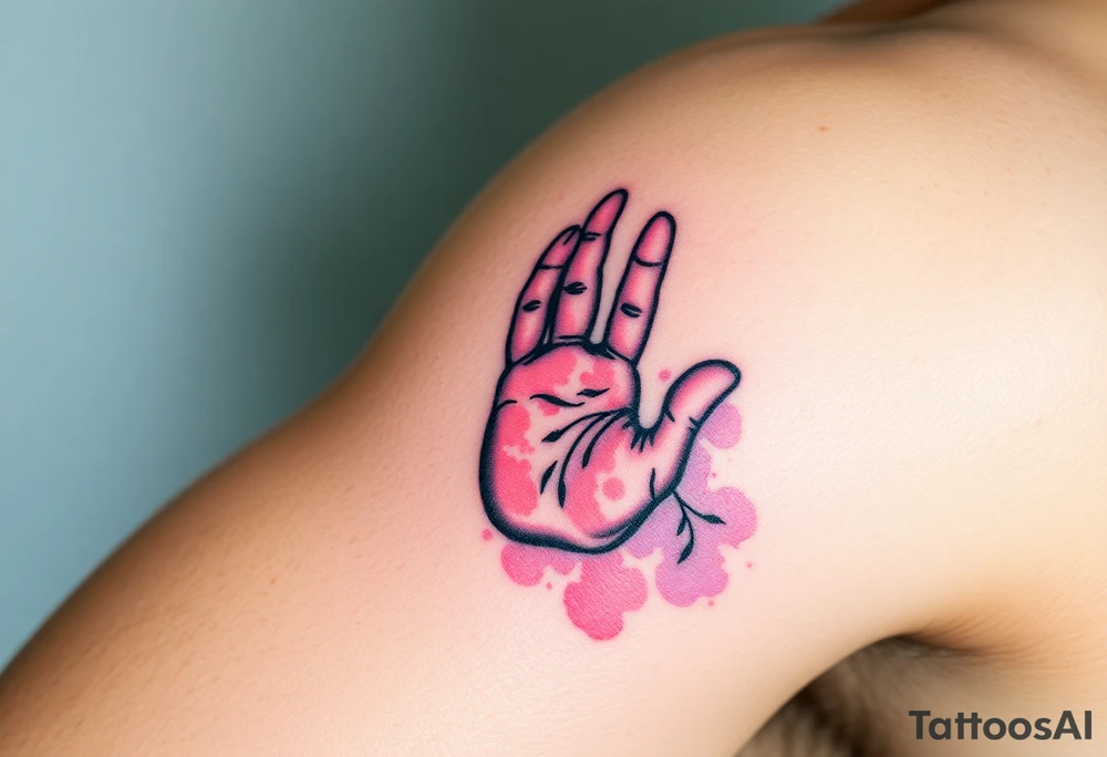 A tiny handprint placed inside a larger one, shaded in watercolor pastels (light pink, baby blue, and soft lavender), representing growth and connection tattoo idea