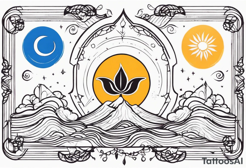 AUM symbol, one flying 
sparrow, sunrays, staircase, cosmos, iris, daisy tattoo idea