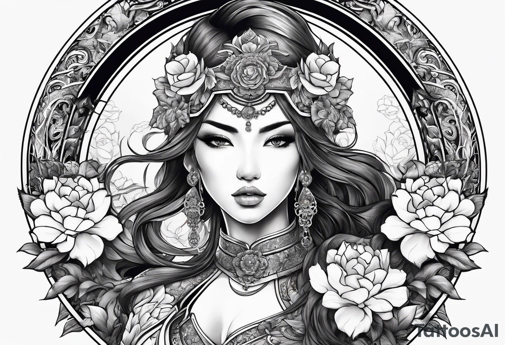 ornate beautiful woman warrior with weapon & floral arch background tattoo from head to torso tattoo idea