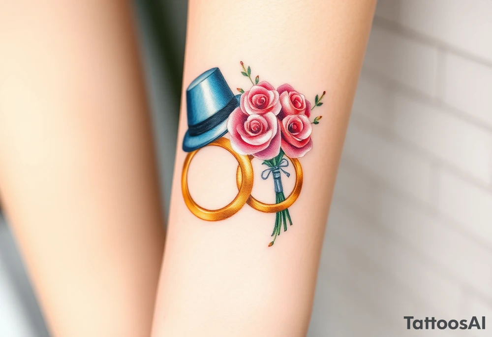 two golden wedding rings with top hat and wedding bouquet tattoo idea