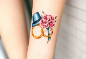 two golden wedding rings with top hat and wedding bouquet tattoo idea