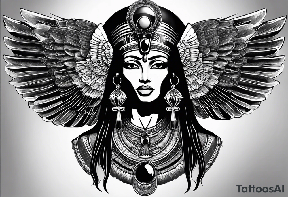 black and white Egyptian goddess Isis, who is often depicted as a woman with outstretched wings, holding an ankh (a symbol of life) in one hand and a lotus flower in the other. Her headdress often includes a throne or a solar disk. The tattoo design can vary in style and size, but it typically aims to capture the essence of this revered Egyptian deity, emphasizing her beauty, power, and maternal qualities. The choice of colors and additional elements can also be customized to create a unique and visually striking representation of the goddess Isis tattoo idea