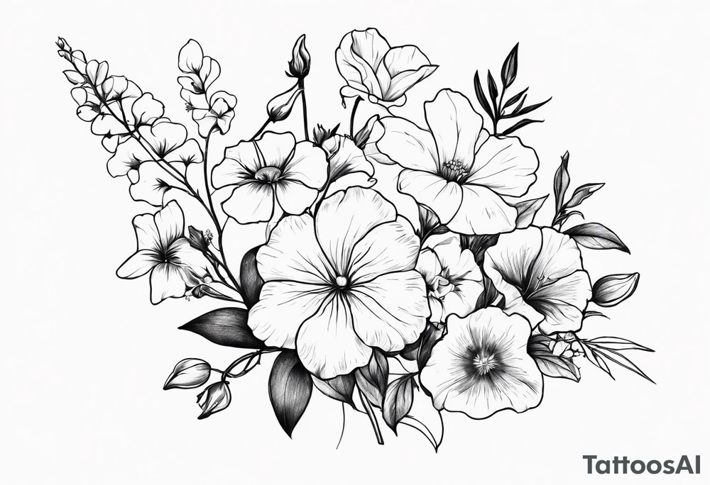 a long flower bouquet including sweet pea, larkspur, morning glory and cosmos tattoo idea