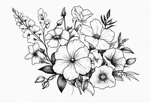 a long flower bouquet including sweet pea, larkspur, morning glory and cosmos tattoo idea