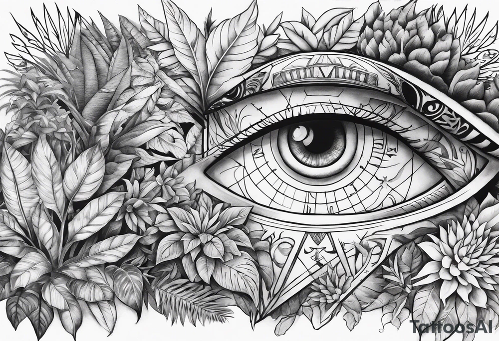full arm sleeve tattoo with Vigvisir compass and all-seeing eye surrounded by jungle plants tattoo idea