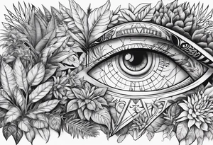 full arm sleeve tattoo with Vigvisir compass and all-seeing eye surrounded by jungle plants tattoo idea