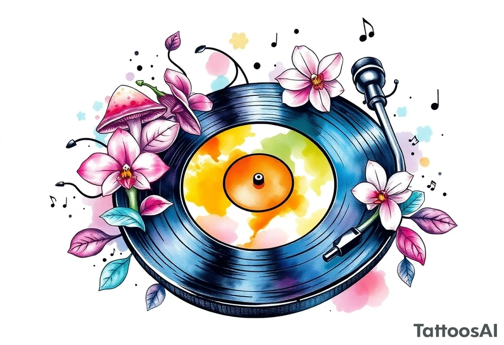 vinyl record player with mushrooms, orchids, and music notes around it tattoo idea