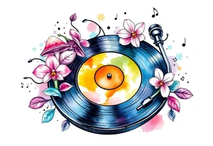 vinyl record player with mushrooms, orchids, and music notes around it tattoo idea