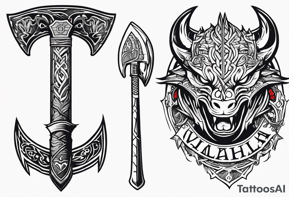 Valhalla sword shield dragon head axe tattoo idea
