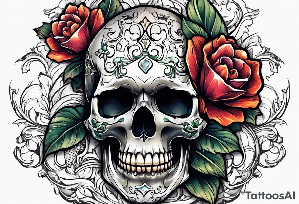 skull with one flower growing out of its head tattoo idea